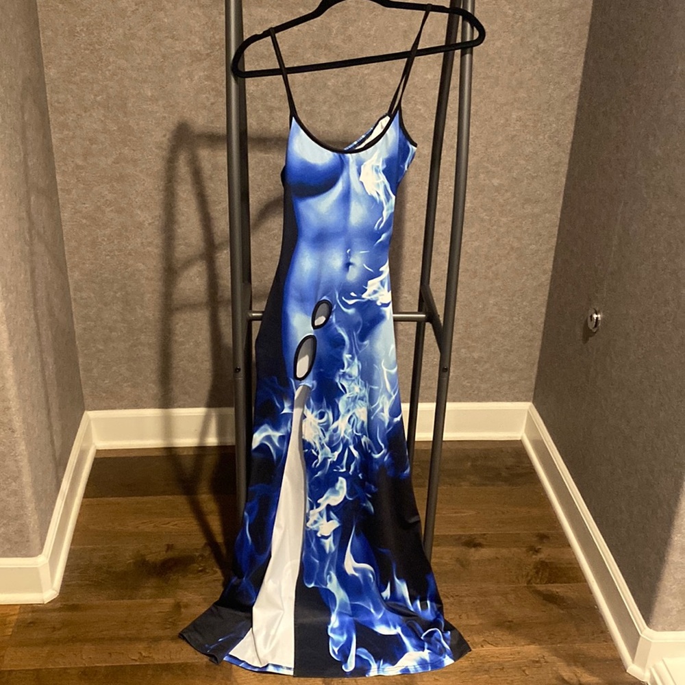 Blue and black cut out maxi dress. Size medium.